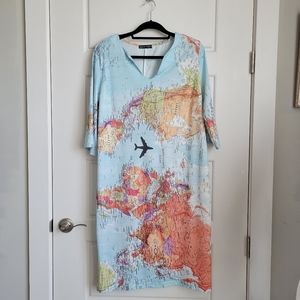 C.O.Z.Y. Popover midi dress World map pattern split neck 3/4 sleeve  XXL US 12